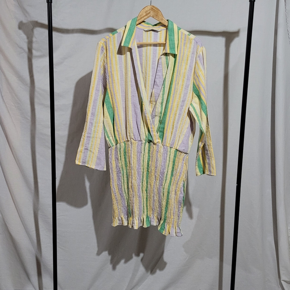 Zara Striped Pastel Wrap-Style Mini Dress in Yellow, Green, Lavender
